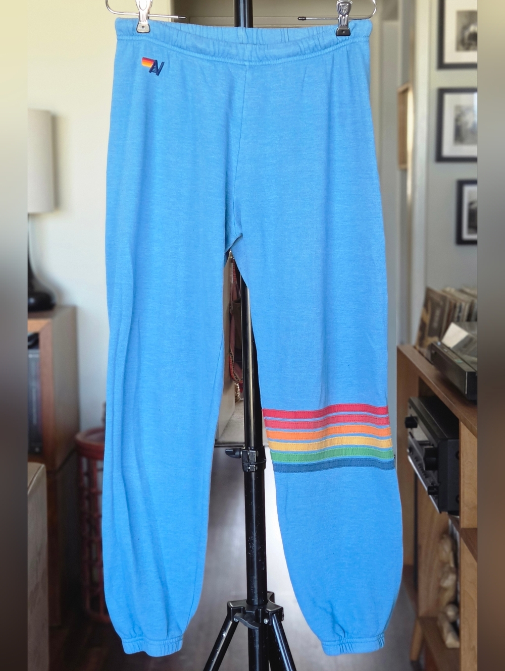 Aviator Nation Blue Sweatpants with Rainbow 6 Stripe Detail